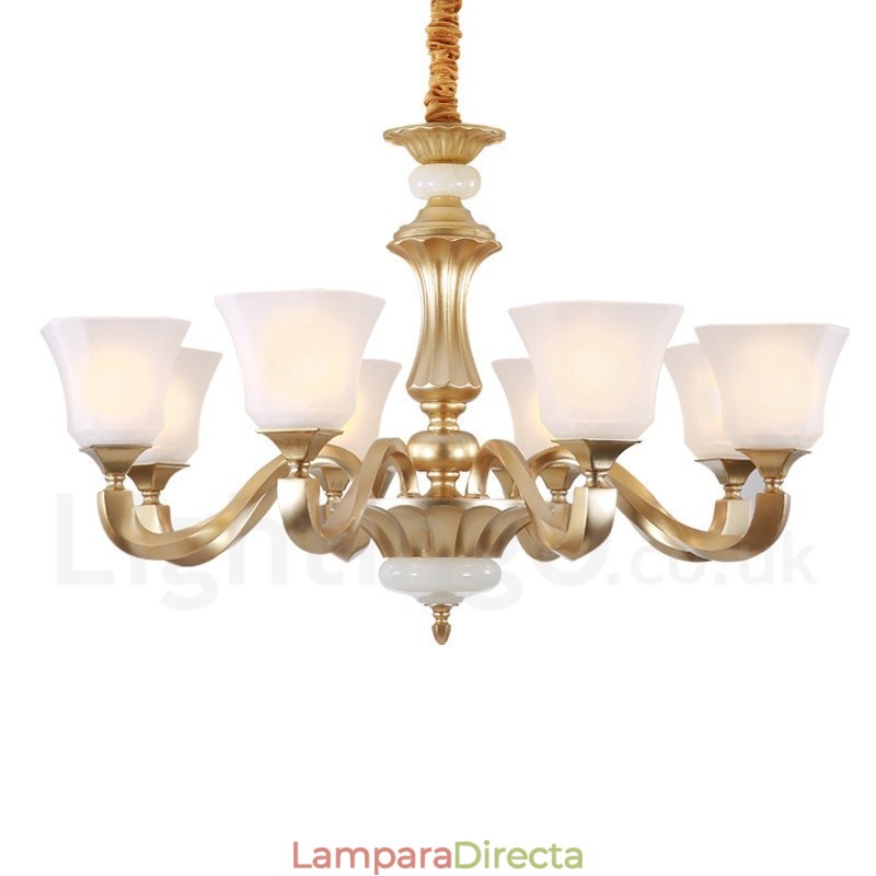 Lámpara de araña rústica tradicional retro de 8 luces con pantalla de cristal