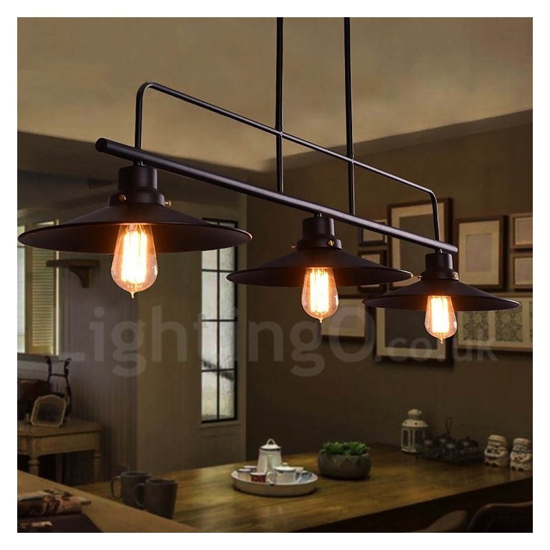 Lámpara colgante de acero rústico retro de 3 luces con pantalla de acero