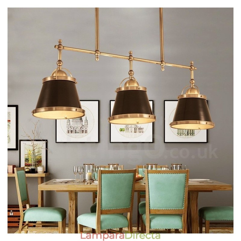 Lámpara colgante rústica retro de latón de lujo de 3 luces con pantalla de latón