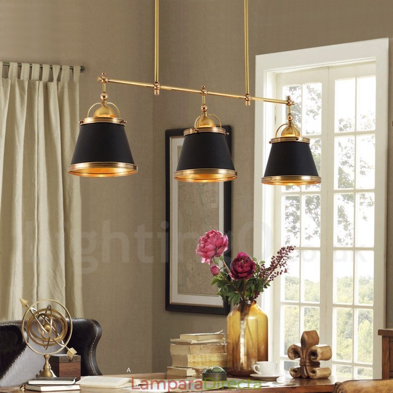 Lámpara colgante rústica retro de latón de lujo de 3 luces con pantalla de latón