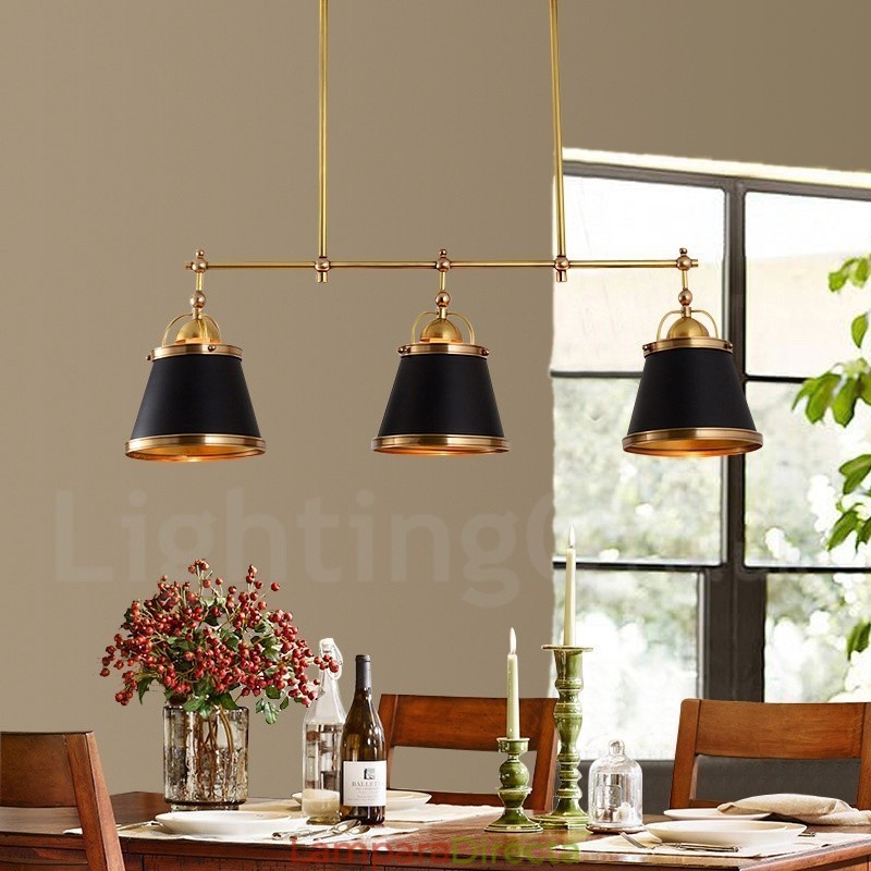 Lámpara colgante rústica retro de latón de lujo de 3 luces con pantalla de latón