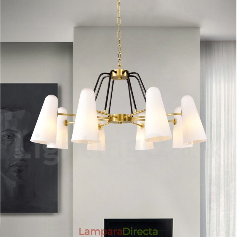 Lámpara colgante de latón rústico retro de 8 luces con pantalla de cristal