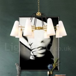 Lámpara colgante de latón rústico retro de 8 luces con pantalla de cristal