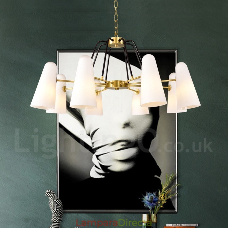 Lámpara colgante de latón rústico retro de 8 luces con pantalla de cristal