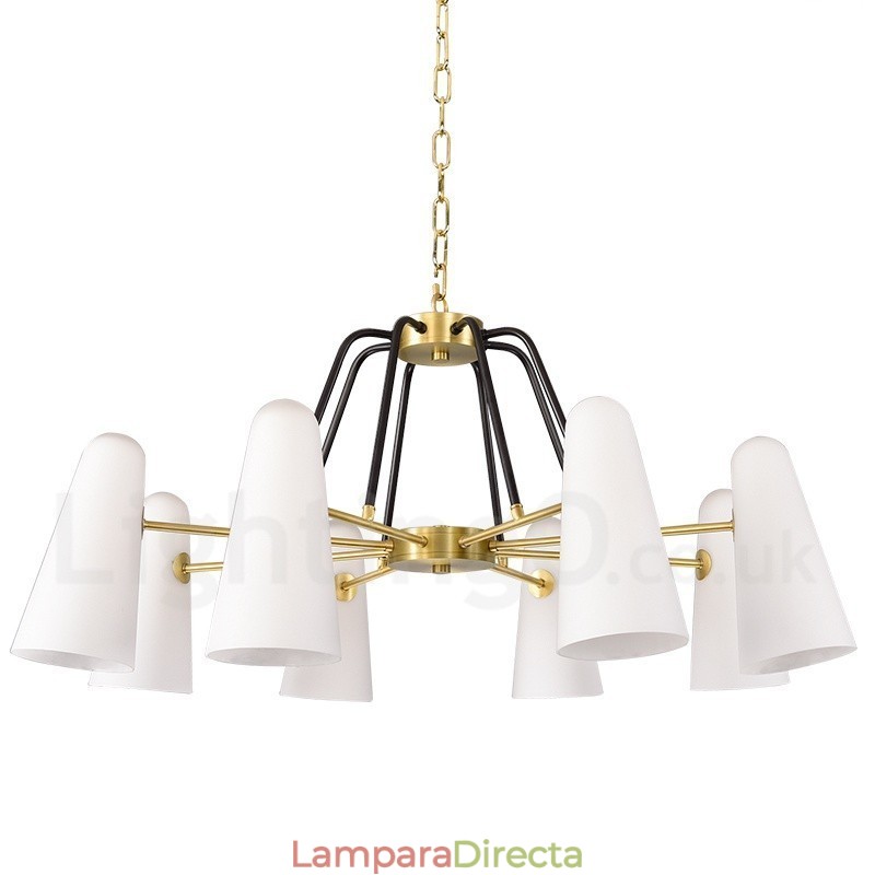 Lámpara colgante de latón rústico retro de 8 luces con pantalla de cristal