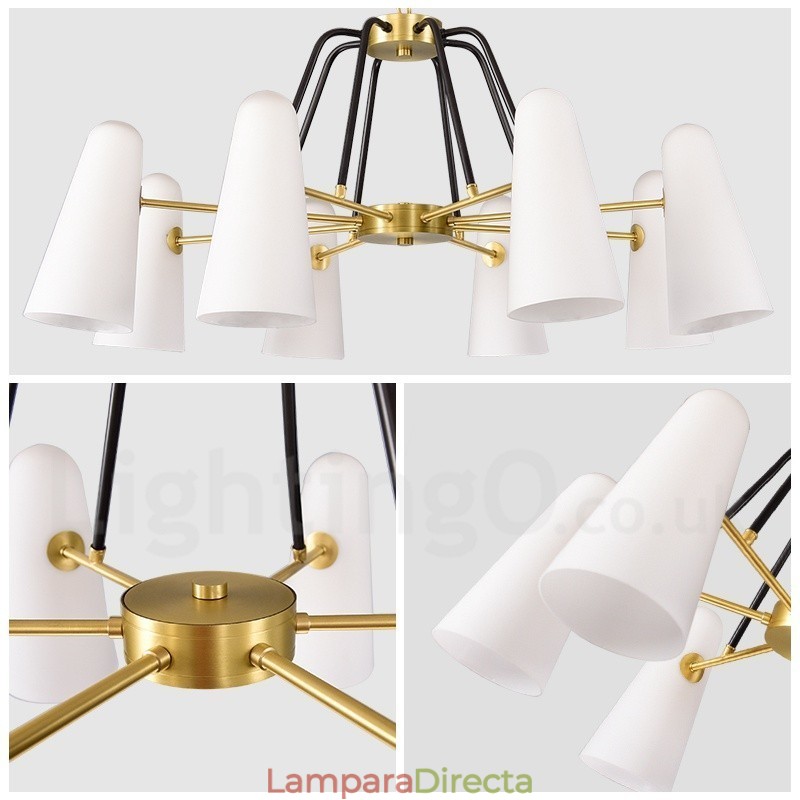 Lámpara colgante de latón rústico retro de 8 luces con pantalla de cristal