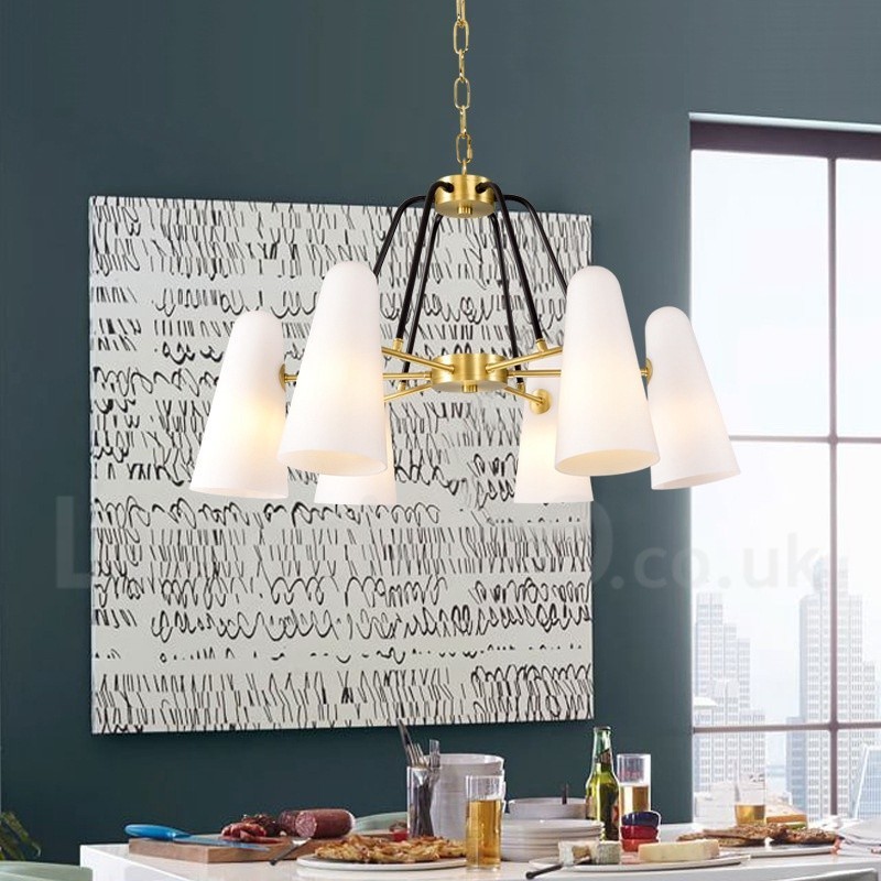 Lámpara colgante de latón rústico retro de 6 luces con pantalla de cristal