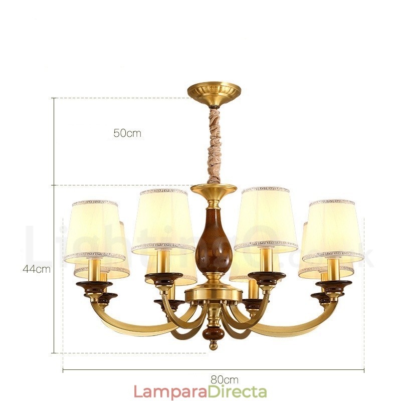 Lámpara colgante de latón rústico retro de 8 luces con pantalla de cristal