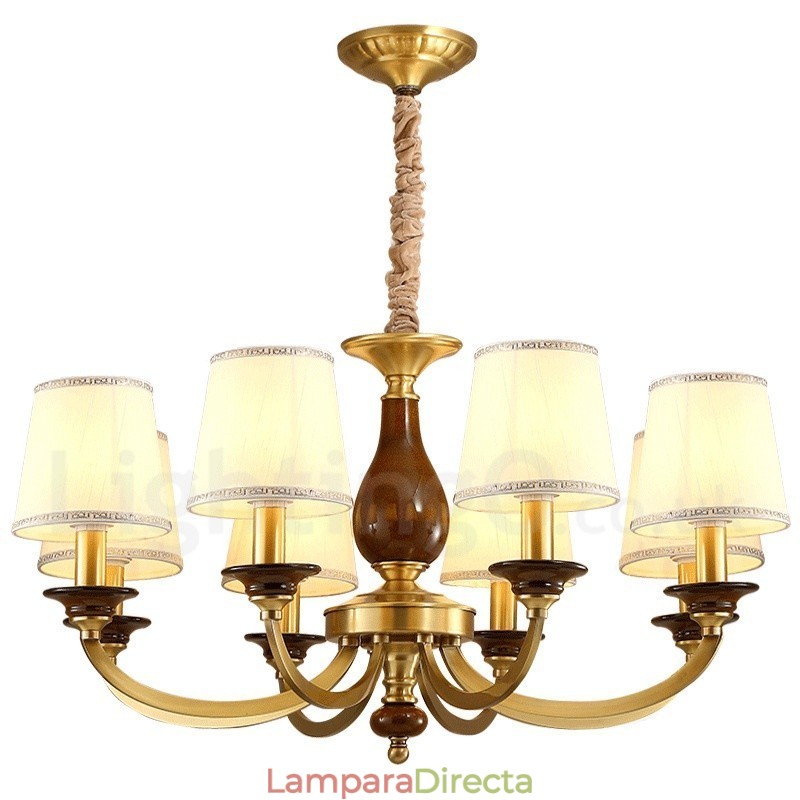 Lámpara colgante de latón rústico retro de 8 luces con pantalla de cristal