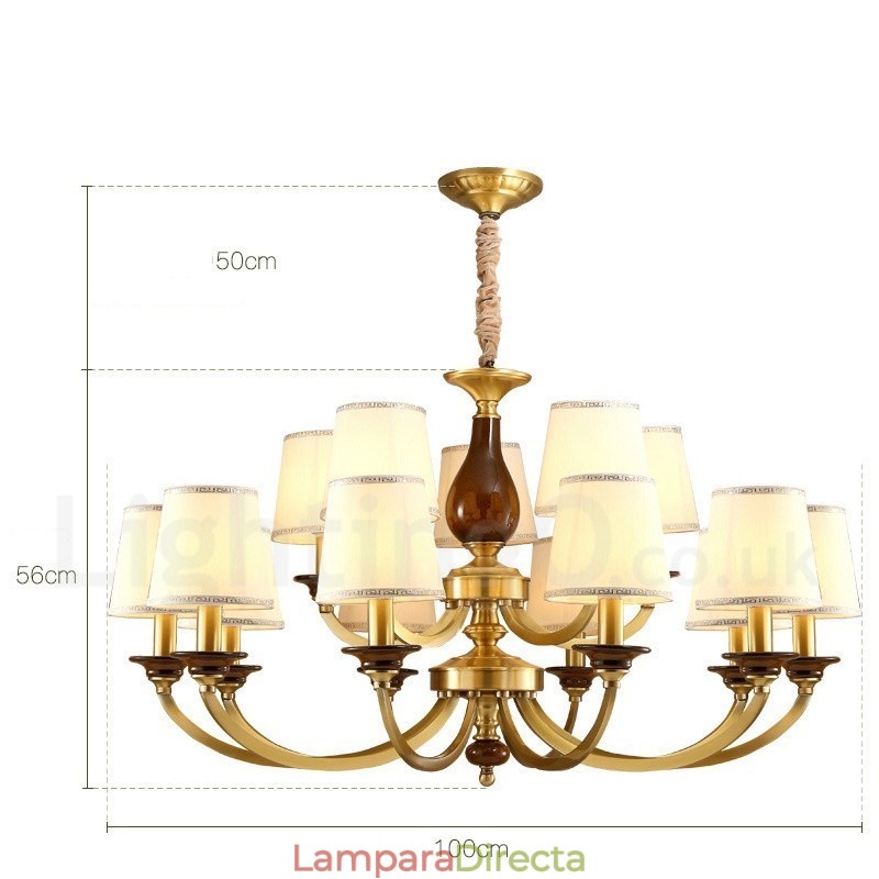 Lámpara colgante de latón rústico retro de lujo de 15 luces con pantalla de cristal