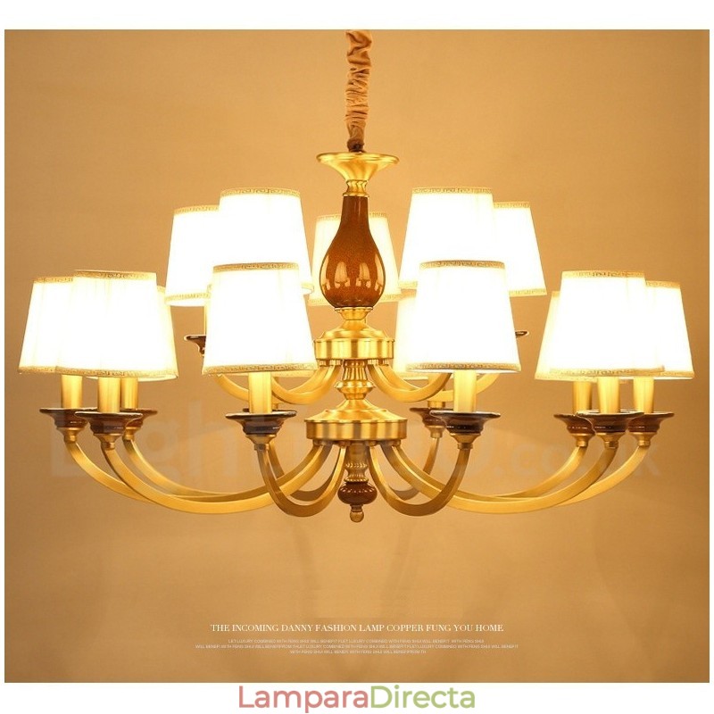Lámpara colgante de latón rústico retro de lujo de 15 luces con pantalla de cristal