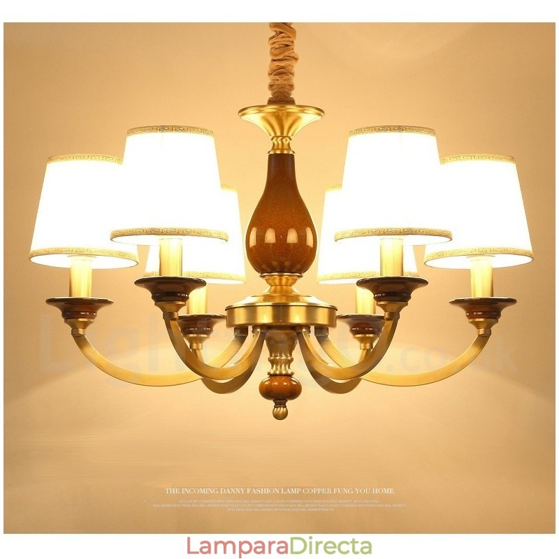 Lámpara colgante de latón rústico retro de 6 luces con pantalla de cristal