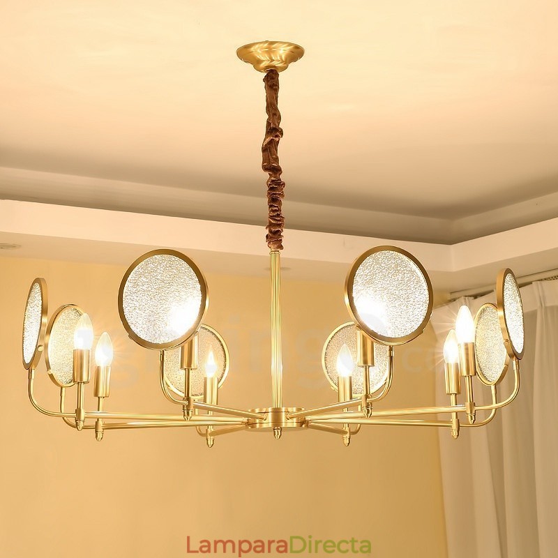 Lámpara colgante de latón rústico retro de 8 luces con pantalla de cristal