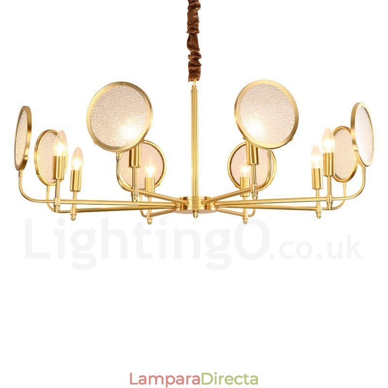 Lámpara colgante de latón rústico retro de 8 luces con pantalla de cristal