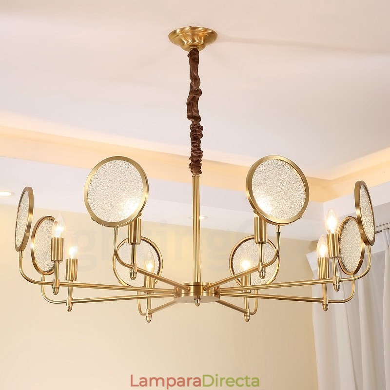 Lámpara colgante de latón rústico retro de 8 luces con pantalla de cristal