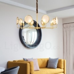 Lámpara colgante de latón rústico retro de 8 luces con pantalla de cristal