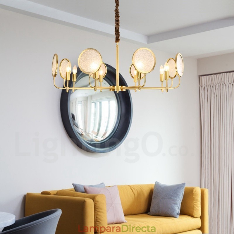 Lámpara colgante de latón rústico retro de 8 luces con pantalla de cristal