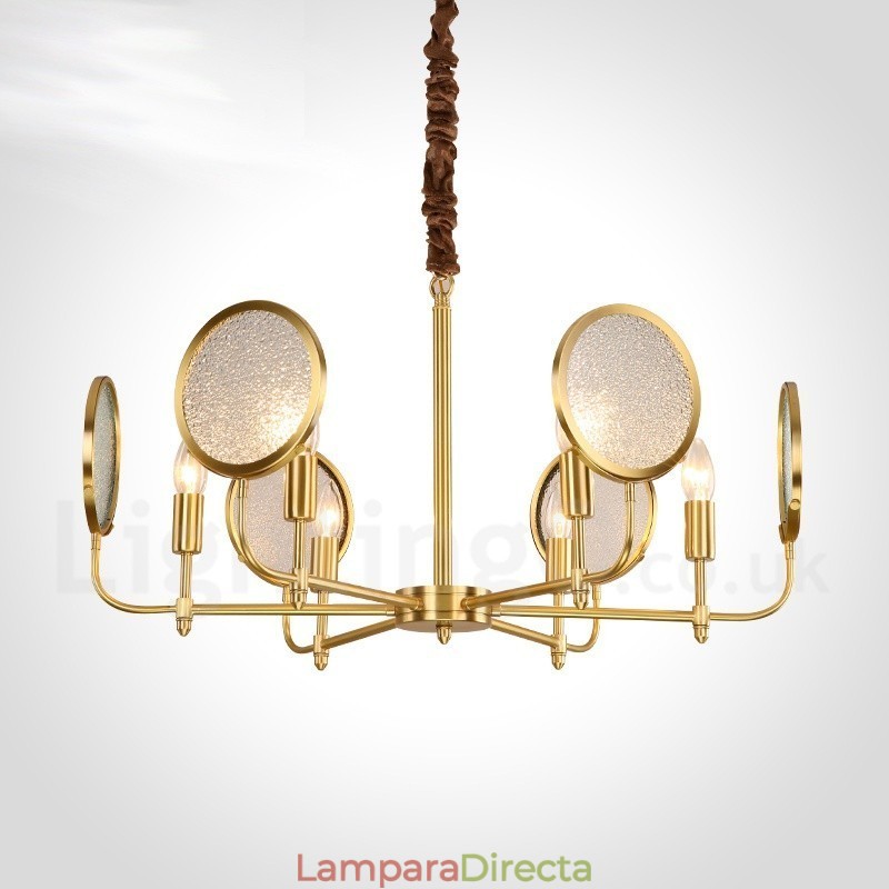 Lámpara colgante de latón rústico retro de 6 luces con pantalla de cristal