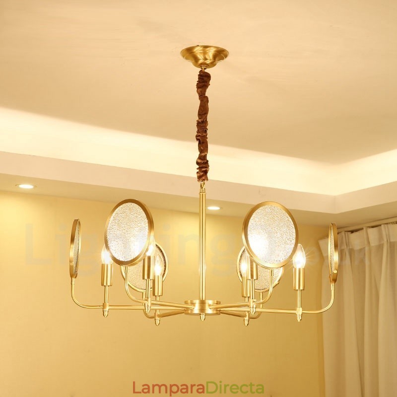 Lámpara colgante de latón rústico retro de 6 luces con pantalla de cristal