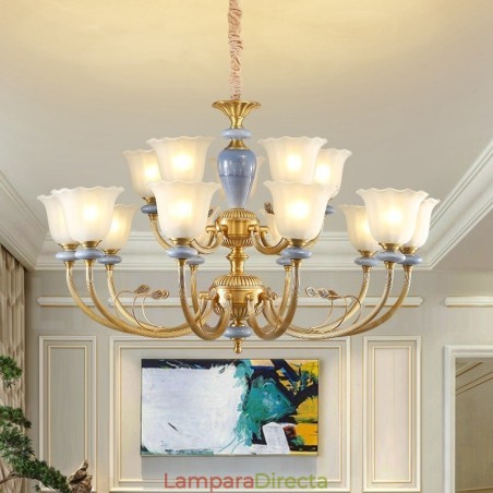 Lámpara colgante de latón rústico retro de lujo de 15 luces con pantalla de cristal Lámpara colgante de latón rústico retro de lujo de 15 luces con pantalla de cristal