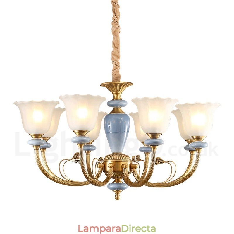 Lámpara colgante de latón rústico retro de 8 luces con pantalla de cristal