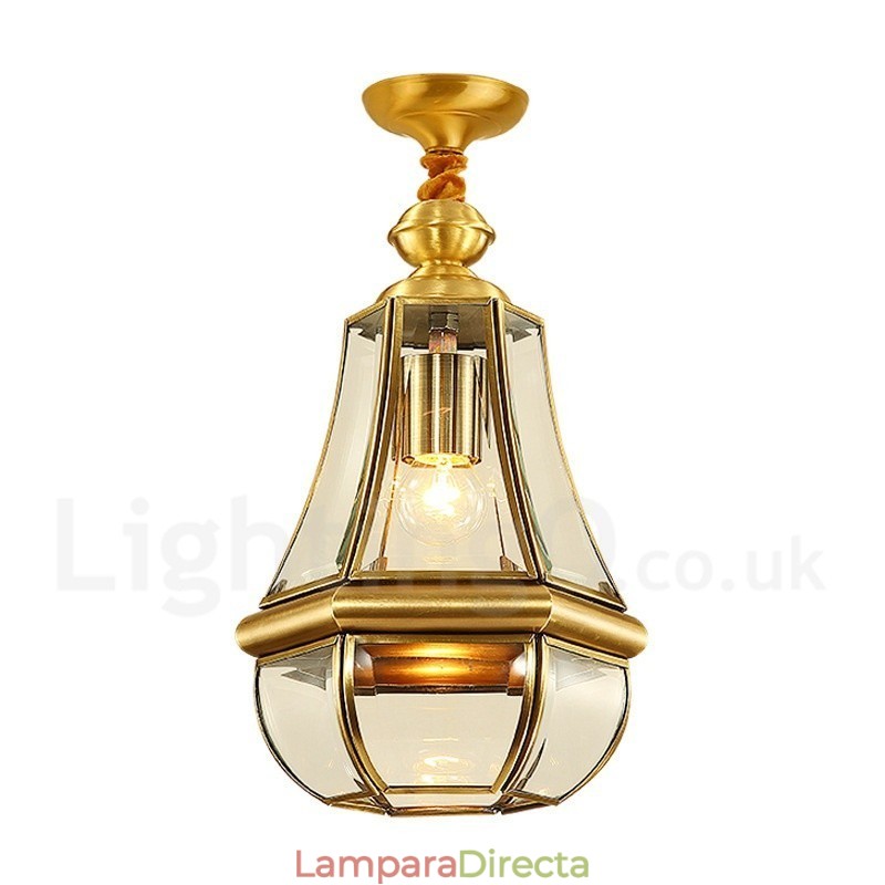 Lámpara colgante de latón rústico retro de lujo de 1 luz con pantalla de vidrio