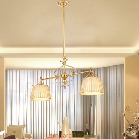Lámpara colgante de latón rústico retro de lujo de 2 luces con pantalla de tela Lámpara colgante de latón rústico retro de lujo de 2 luces con pantalla de tela