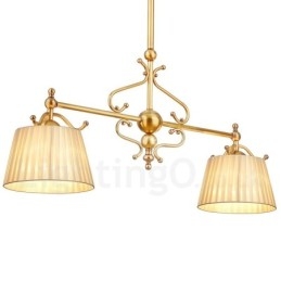 Lámpara colgante de latón rústico retro de lujo de 2 luces con pantalla de tela