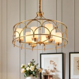 Lámpara colgante de latón rústico retro de 8 luces con pantalla de cristal