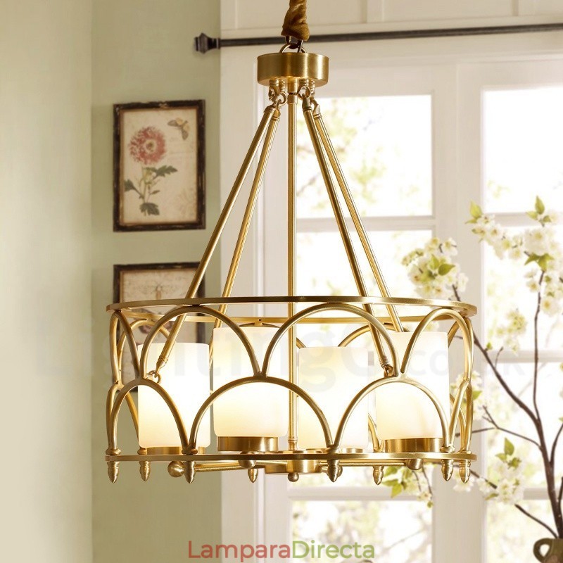 Lámpara colgante de latón rústico retro de 4 luces con pantalla de cristal