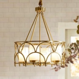 Lámpara colgante de latón rústico retro de 4 luces con pantalla de cristal