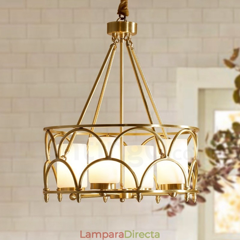 Lámpara colgante de latón rústico retro de 4 luces con pantalla de cristal