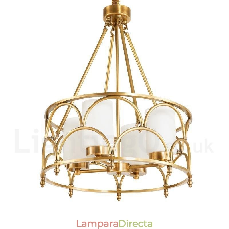 Lámpara colgante de latón rústico retro de 4 luces con pantalla de cristal