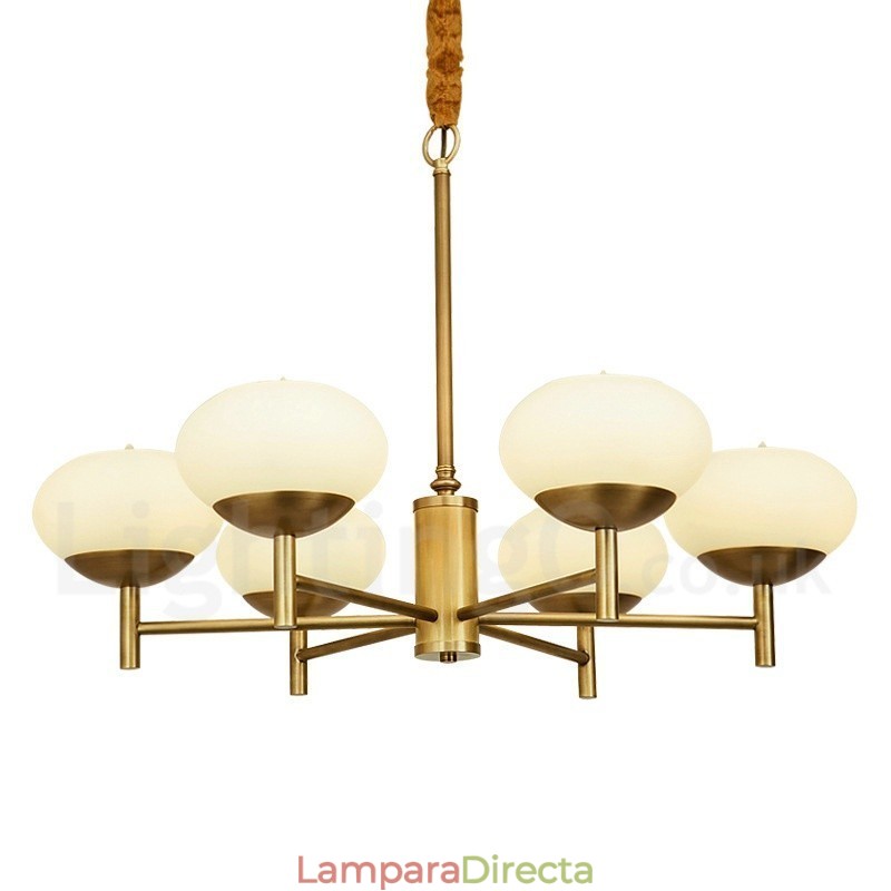 Lámpara colgante de latón rústico retro de 6 luces con pantalla de cristal