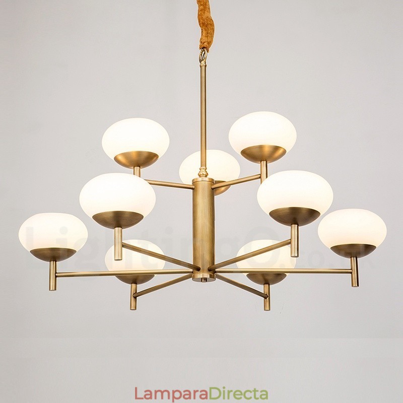 Lámpara colgante de latón rústico retro de lujo de 9 luces con pantalla de cristal