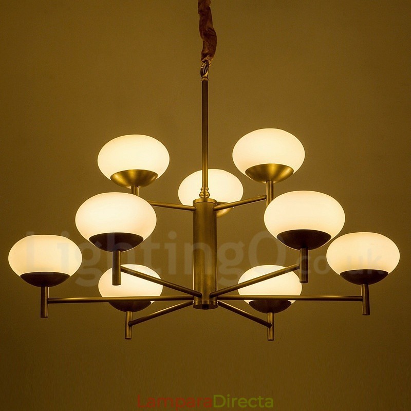 Lámpara colgante de latón rústico retro de lujo de 9 luces con pantalla de cristal
