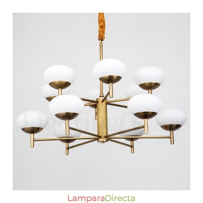 Lámpara colgante de latón rústico retro de lujo de 12 luces con pantalla de cristal