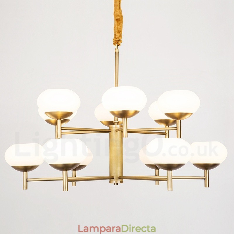 Lámpara colgante de latón rústico retro de lujo de 12 luces con pantalla de cristal