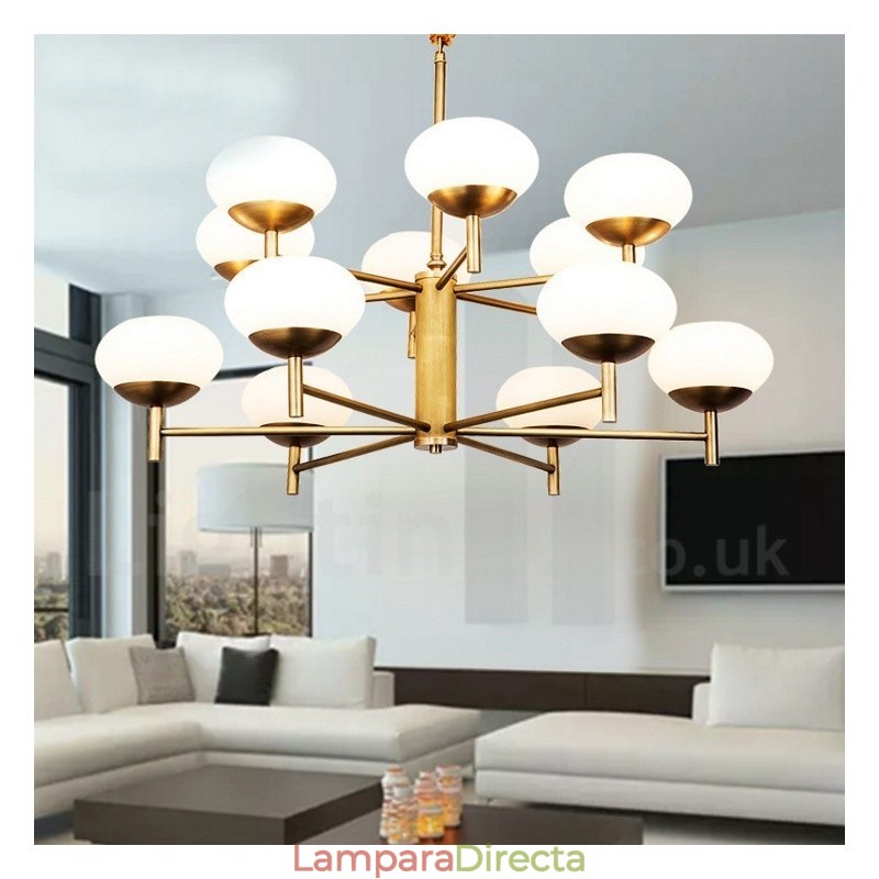 Lámpara colgante de latón rústico retro de lujo de 12 luces con pantalla de cristal