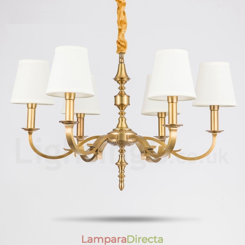 Lámpara colgante de latón rústico retro de 6 luces con pantalla de tela