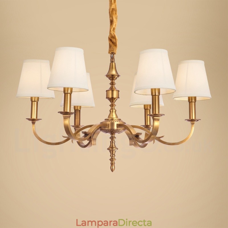 Lámpara colgante de latón rústico retro de 6 luces con pantalla de tela