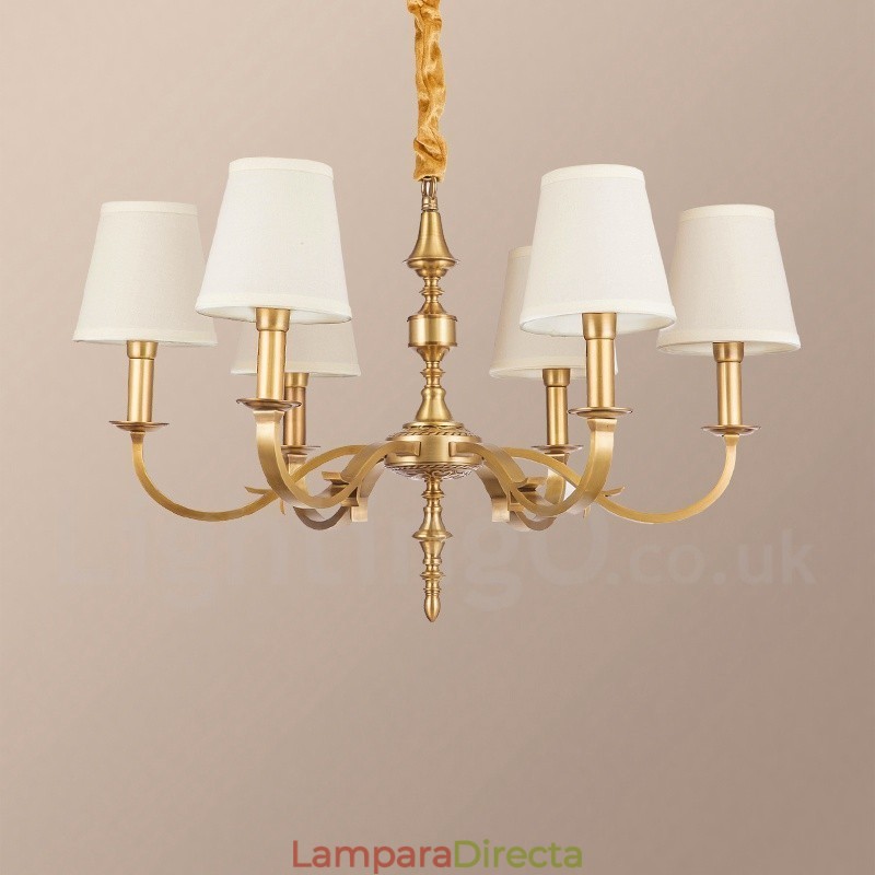 Lámpara colgante de latón rústico retro de 6 luces con pantalla de tela