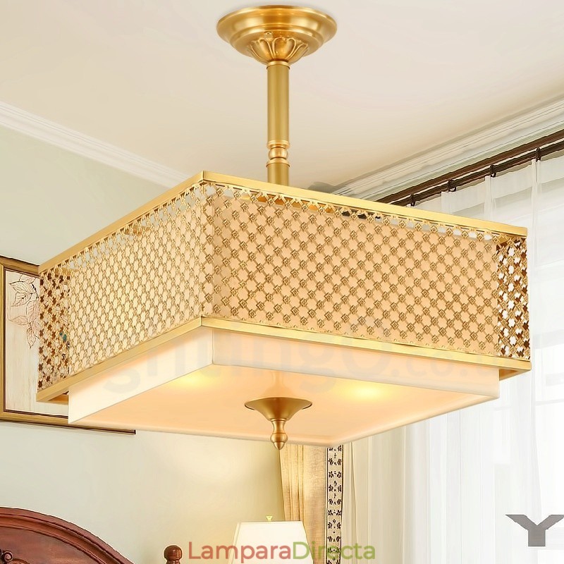 Lámpara colgante de latón rústico retro de 4 luces con pantalla de tela