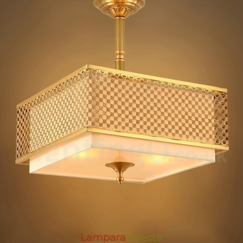 Lámpara colgante de latón rústico retro de 4 luces con pantalla de tela