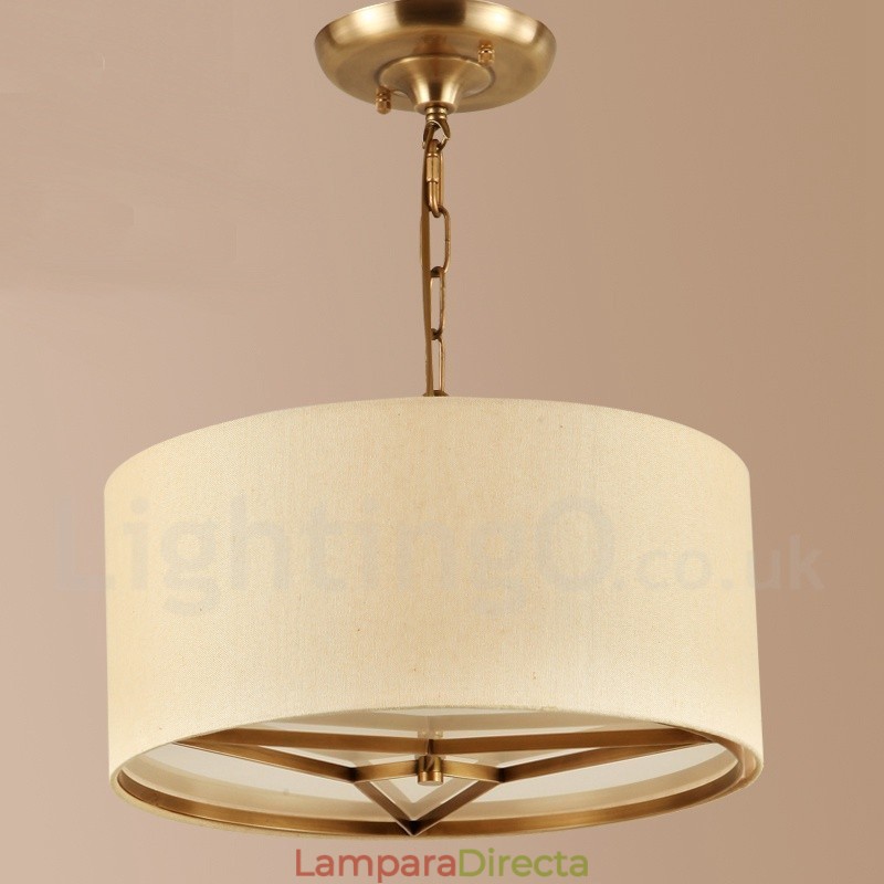 Lámpara colgante de latón rústico retro de lujo con 4 luces y pantalla de tela