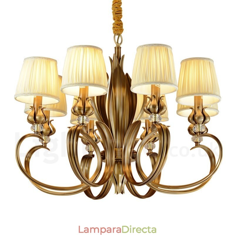 Lámpara colgante de latón rústico retro de 8 luces con pantalla de tela