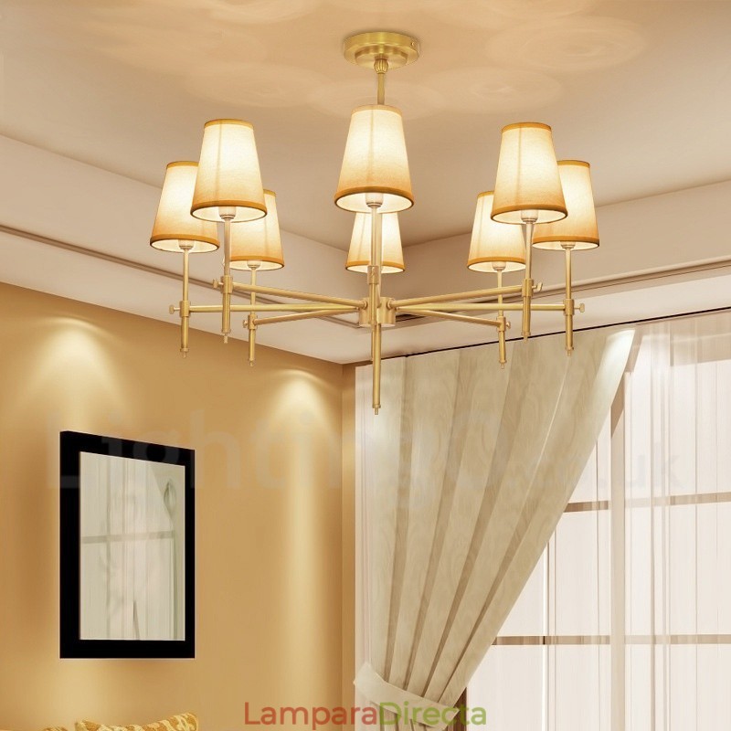 Lámpara colgante de latón rústico retro de 8 luces con pantalla de tela