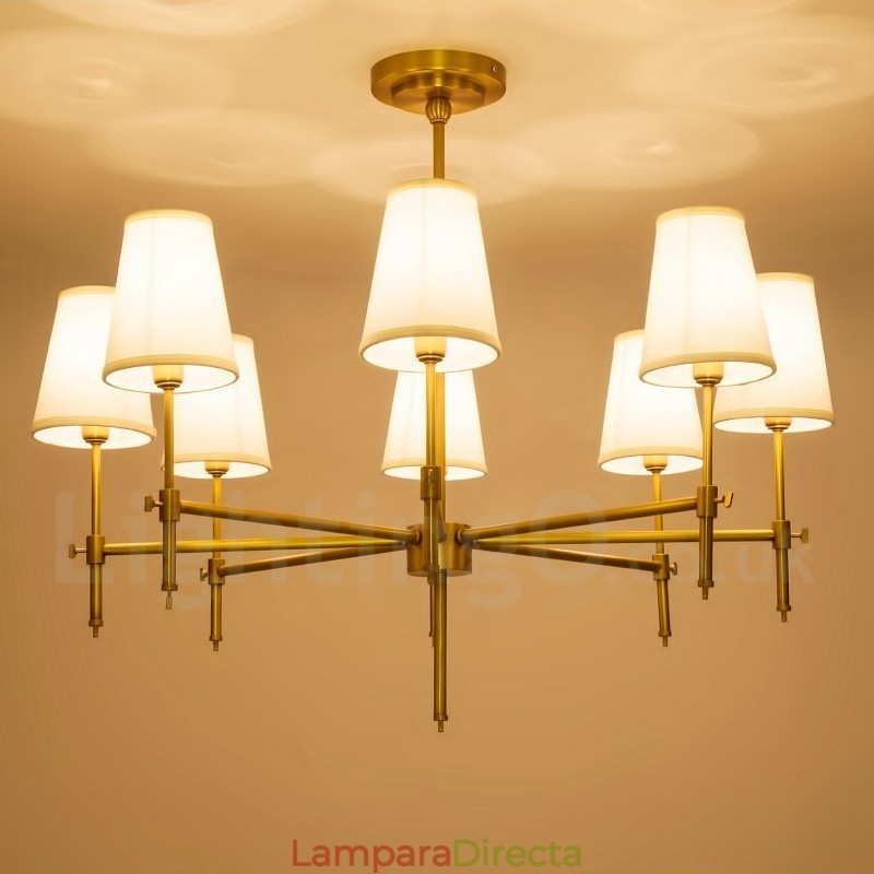 Lámpara colgante de latón rústico retro de 8 luces con pantalla de tela