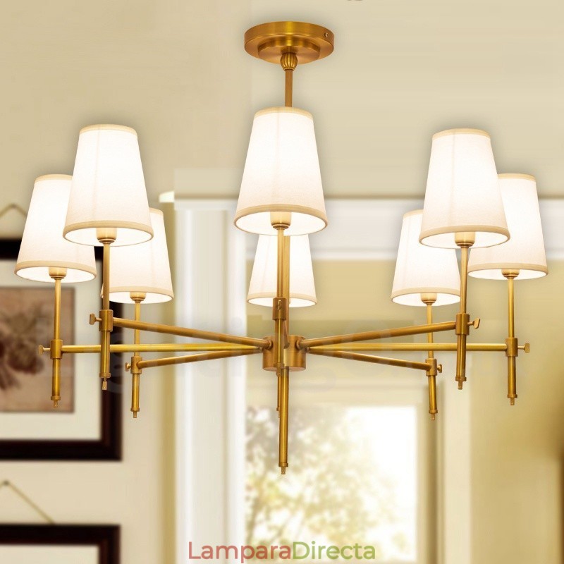 Lámpara colgante de latón rústico retro de 8 luces con pantalla de tela