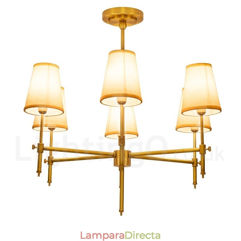 Lámpara colgante de latón rústico retro de 6 luces con pantalla de tela